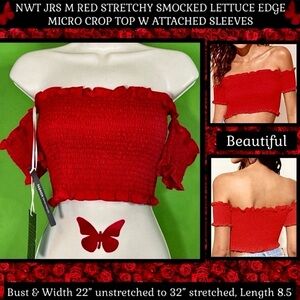 NEW NWT JRS M DJDAMA RED SEXY SMOCKED CROP TOP ATTACHED SLEEVES COQUETTE